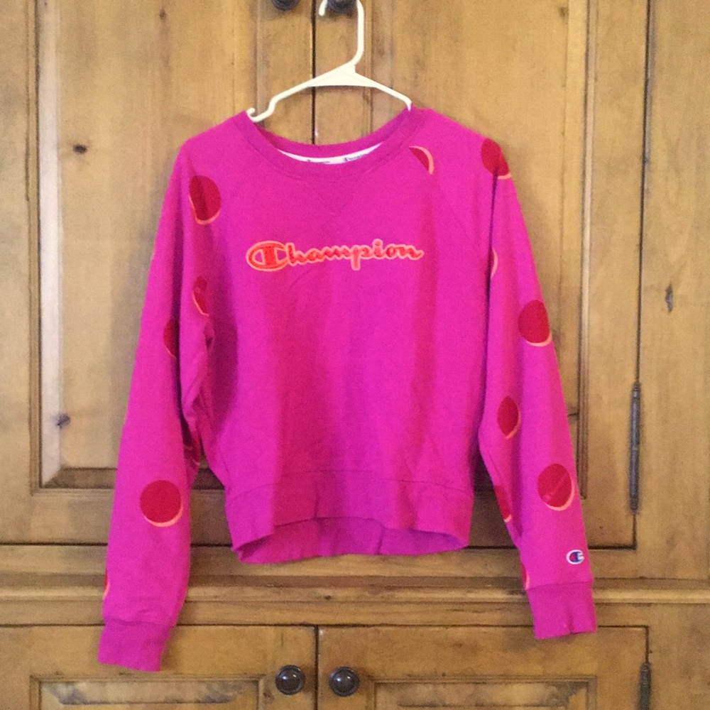 Pink, red, and yellow Polkadot champion sweatshirt.